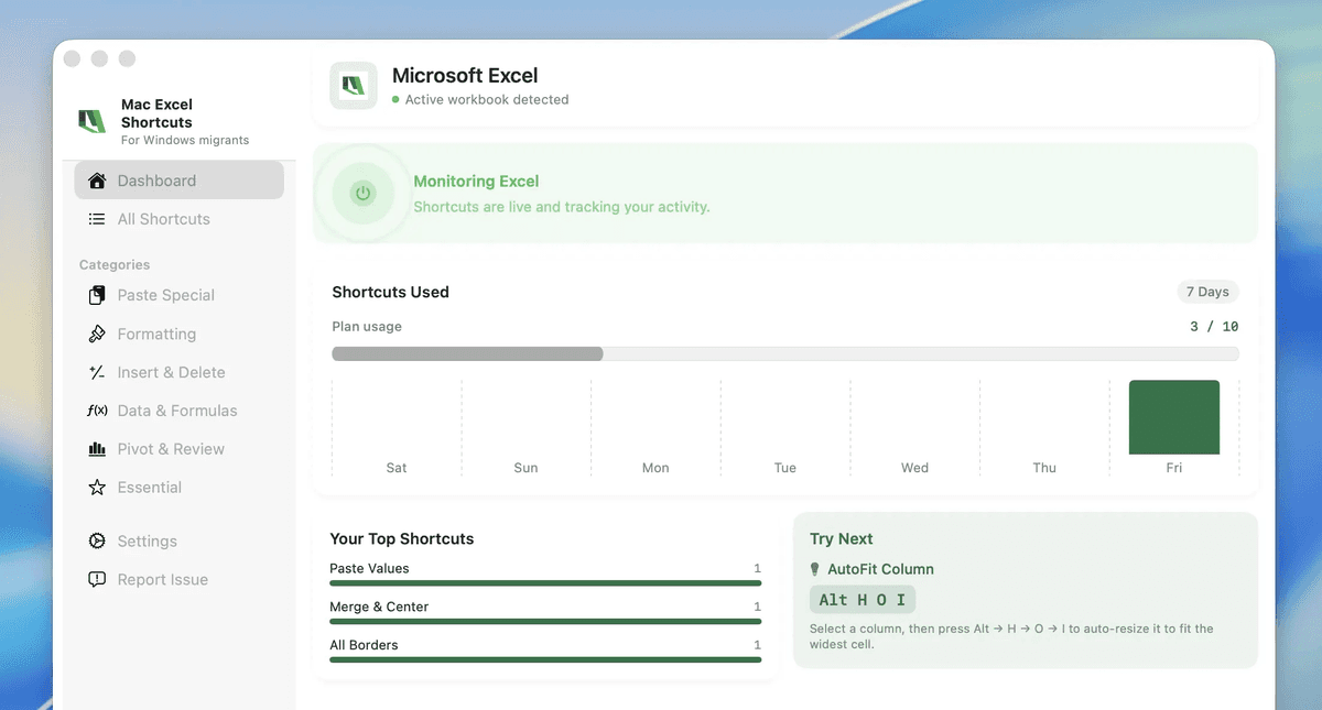 MacCove's Mac Excel Shortcuts screenshot